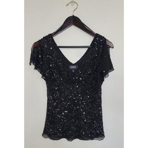 Adrianna Papell Women Top Large Black Blouse Top Sequin V Neck Glam Drape